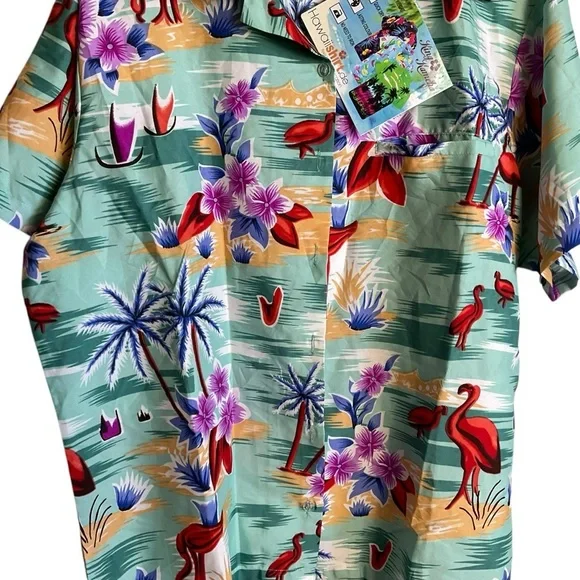 Hawaiian Green and Red Notched Collar Button Down Shirt - Picture 3 of 9